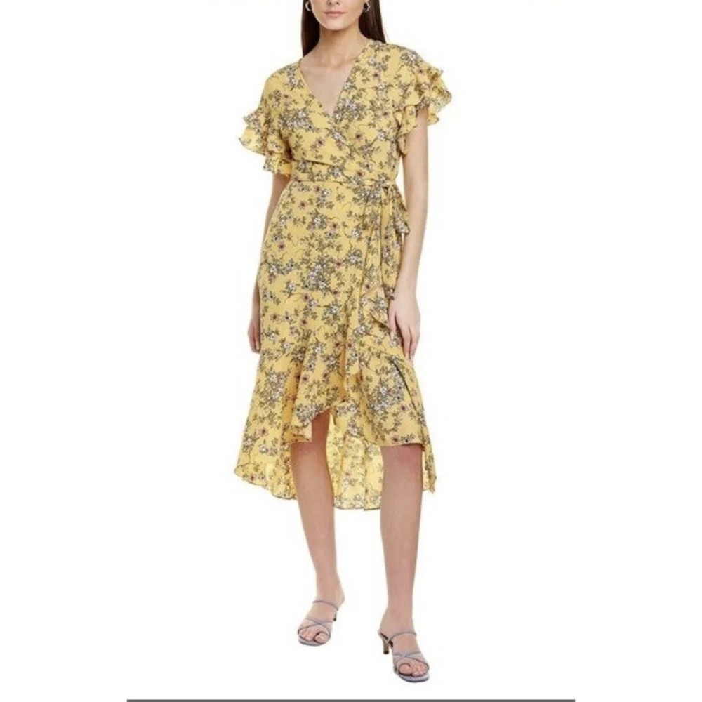Max Studio Floral Ruffle Crepe High Low Wrap Midi Dress Yellow XS NWT